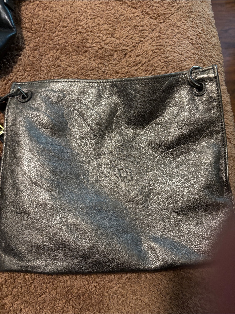Brighton Gun Metal Silver Leather Shoulder Bag with Embossed Floral Center